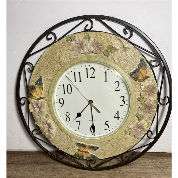 Kirch Butterfly's Wall Clock Ceramic and Metal 14" Inch Glass Lens Silent - Picture 1 of 8